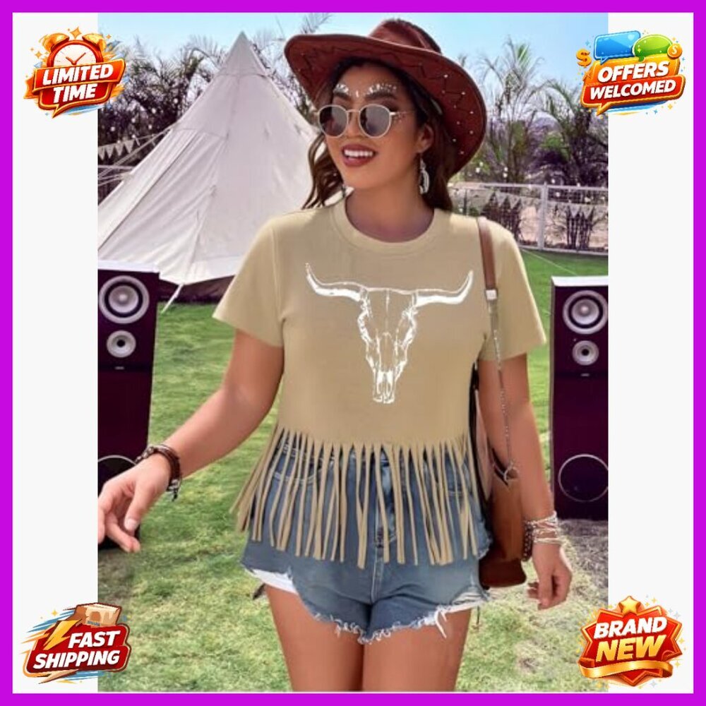 Vintage Western Graphic Tee Short Sleeve Boho Cow Skull Top Women's T-Shirt - Picture 4 of 7